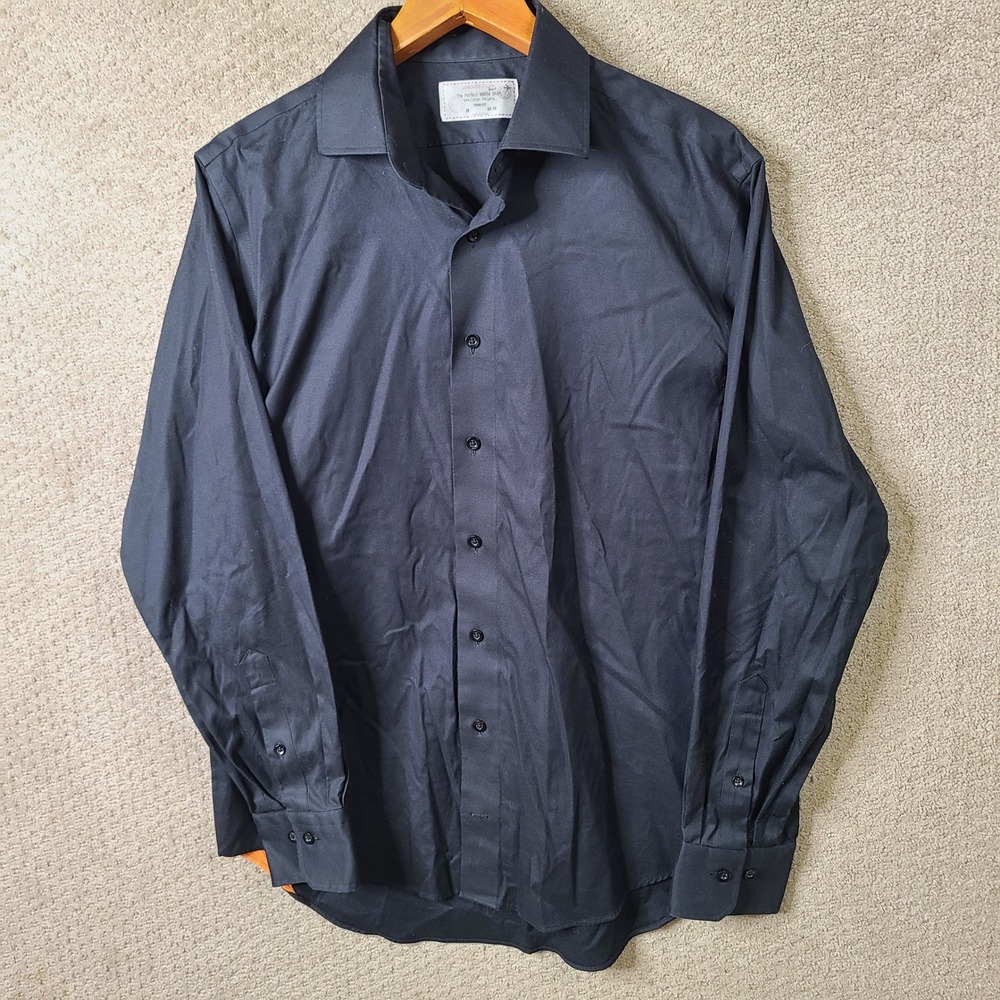 Lorenzo Uomo Shirt Mens 16 34-35 Black Trim Fit Button Down Cotton Blend Casual
